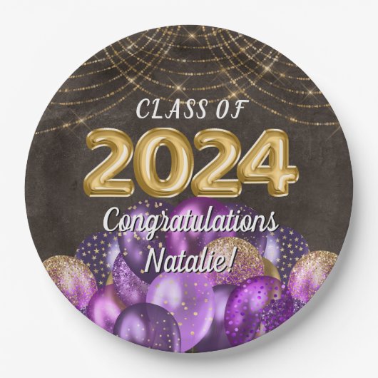 Gold Foil Lila Balloons Class of 2024 Abschluss Pappteller (Vorderseite)