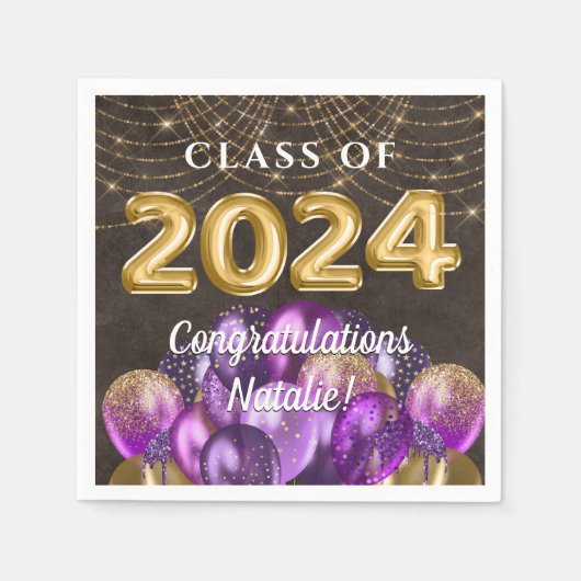 Gold Foil Lila Balloons Class of 2024 Abschluss Serviette (Vorderseite)