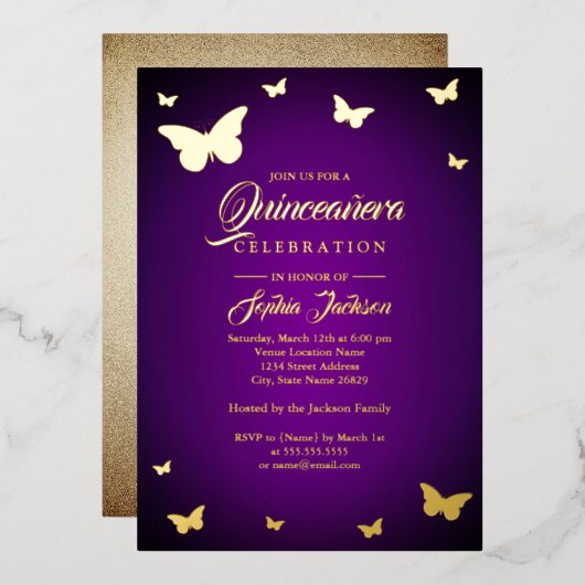 GOLD FOIL Lila Butterfly Quinceanera Folieneinladung (Vorderseite/Rückseite)
