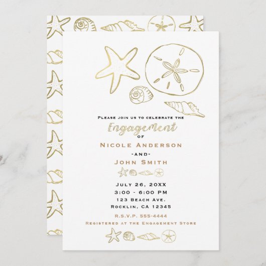 Gold Foil Look Muscheln Chic Beach Verlobung Einladung (Vorne/Hinten)