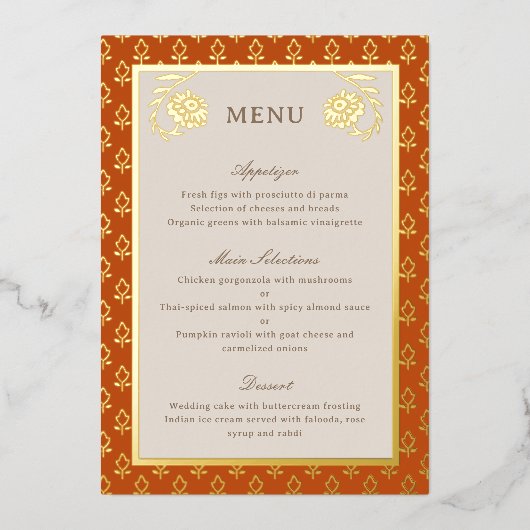 Gold Foil Marigold Blume Wedding Menu Card Folieneinladung (Vorderseite)