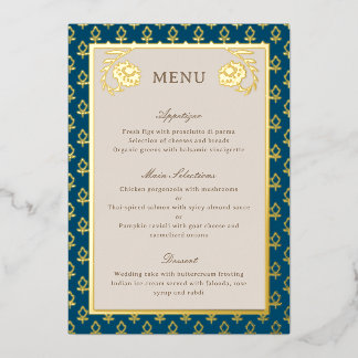 Gold Foil Marigold Blume Wedding Menu Card Folieneinladung