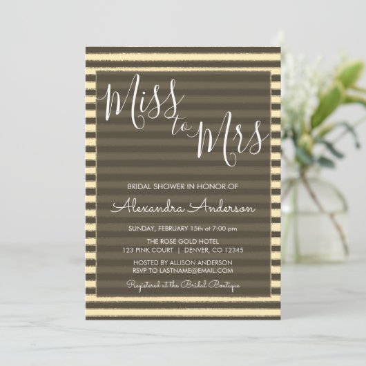 Gold Foil Miss zu Mrs. Brautparty Einladung (Stehend Vorderseite)