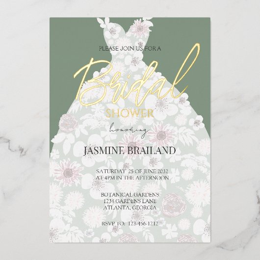 Gold Foil Modernes Brautparty für Blumenbekleidung Folieneinladung (Vorderseite)