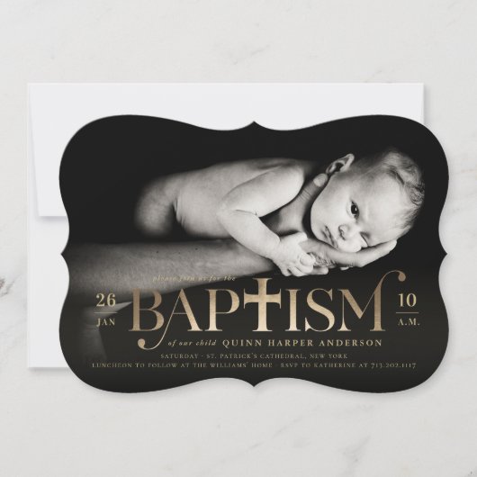 Gold Foil Modernes klassisches, feines Cross Bapti Einladung (Vorderseite)