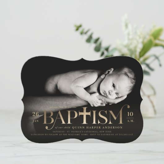 Gold Foil Modernes klassisches, feines Cross Bapti Einladung (Stehend Vorderseite)