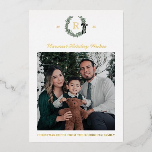 Gold Foil Monogram Wreath Wappen Foto Holiday Card Folieneinladung (Vorderseite)