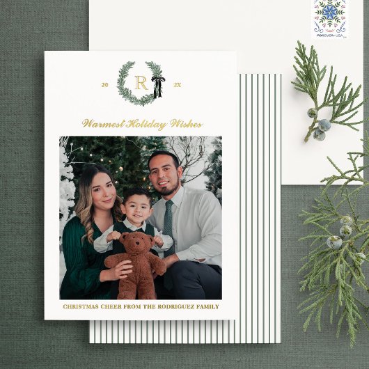 Gold Foil Monogram Wreath Wappen Foto Holiday Card Folieneinladung