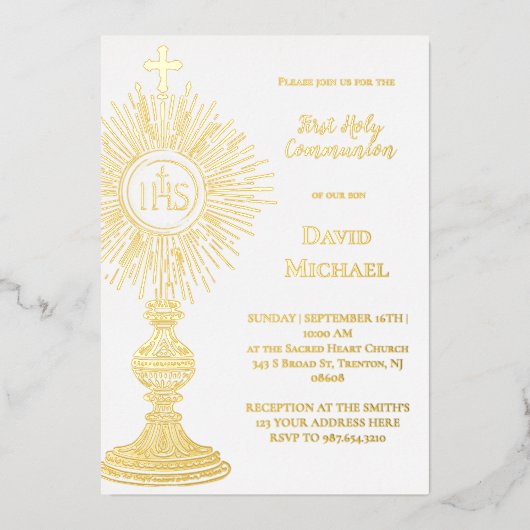 Gold foil monstrance | First Holy Communion Folieneinladung (Vorderseite)