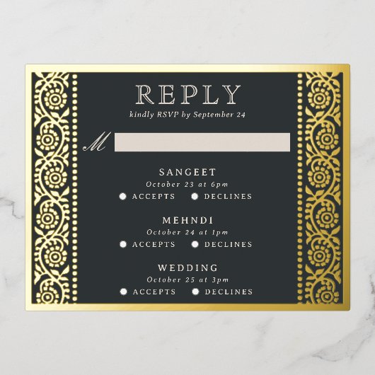 Gold Foil Multi Event Floral Wedding RSVP Card Folie Einladungspostkarte (Vorderseite)