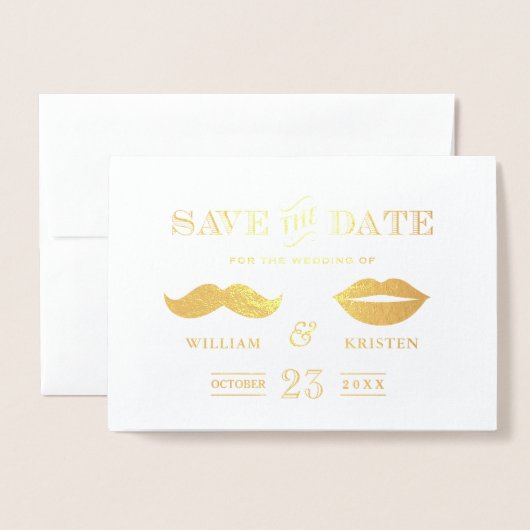 Gold Foil Mustache Lips Hochzeit speichern das Dat Folienkarte (Vorderseite mit Umschlag)