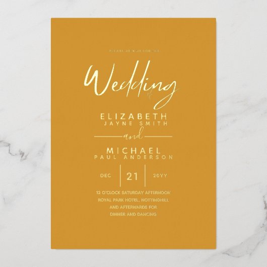 GOLD FOIL Mustard Sunset Modern All-in-1 Wedding Folieneinladung (Vorderseite)