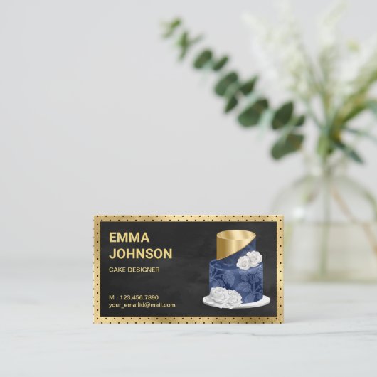 Gold Foil Navy Blue Floral Cake Konditorgebäck Koc Visitenkarte (Stehend Vorderseite)