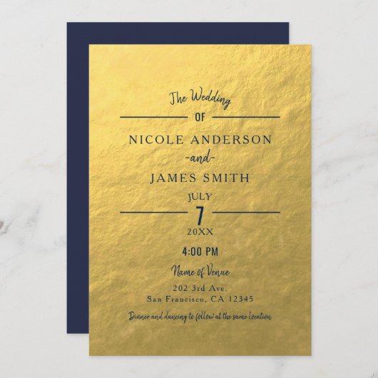 Gold Foil Navy Blue Minimal Clean Classic Wedding Einladung (Vorne/Hinten)