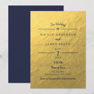 Gold Foil Navy Blue Minimal Clean Classic Wedding Einladung