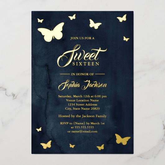 GOLD FOIL Navy Butterfly Sweet 16 Gold Folieneinladung (Vorderseite)