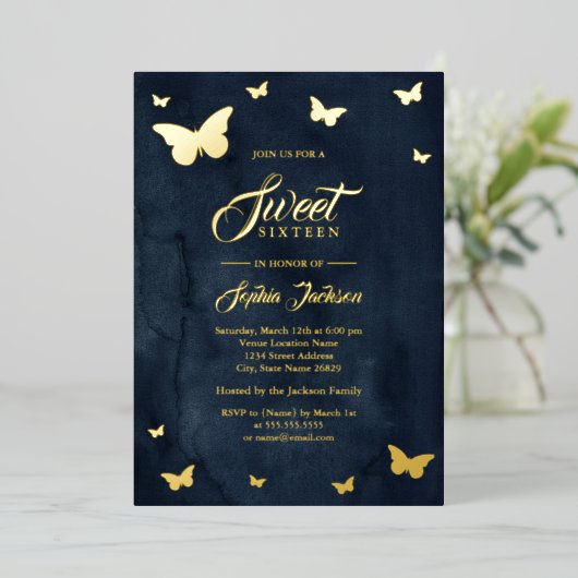 GOLD FOIL Navy Butterfly Sweet 16 Gold Folieneinladung (Stehend vorne)