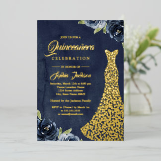 GOLD FOIL Navy Gold Floral Dress Quinceanera Folieneinladung