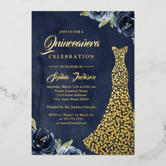 GOLD FOIL Navy Gold Floral Dress Quinceanera Folieneinladung (Vorderseite)