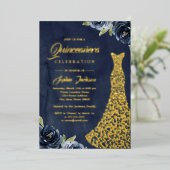 GOLD FOIL Navy Gold Floral Dress Quinceanera Folieneinladung (Stehend vorne)
