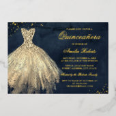 GOLD FOIL Navy Gold Sparkleider Quinceanera Folieneinladung (Vorderseite)