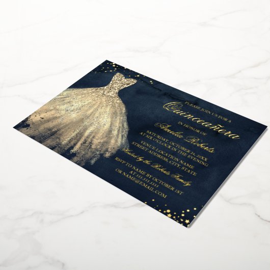 GOLD FOIL Navy Gold Sparkleider Quinceanera Folieneinladung (Gedreht)