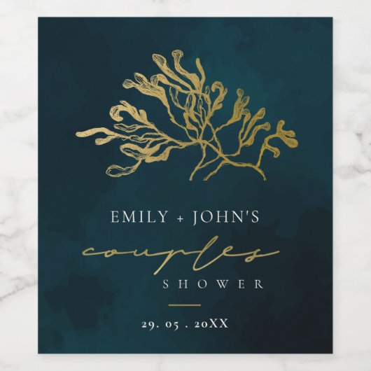 GOLD FOIL NAVY UNDERWASSER SEEWEED COUPLES DUSCHE WEINETIKETT (Einzelnes Label)