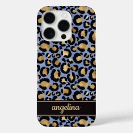 Gold Foil On Blue Leopard Print Monogrammed iPhone 16 Pro Hülle
