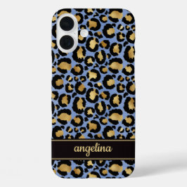 Gold Foil On Blue Leopard Print Monogrammed iPhone 16 Plus Hülle