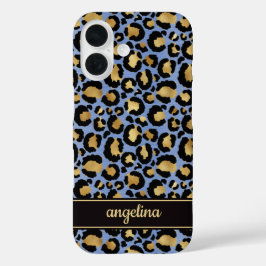 Gold Foil On Blue Leopard Print Monogrammed iPhone 16 Hülle