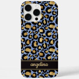 Gold Foil On Blue Leopard Print Monogrammed iPhone 16 Pro Max Hülle