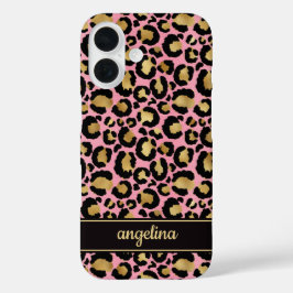 Gold Foil On Pink Leopard Print Monogrammed iPhone 16 Hülle