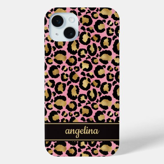 Gold Foil On Pink Leopard Print Monogrammed Case-Mate iPhone Hülle (Rückseite)