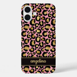 Gold Foil On Pink Leopard Print Monogrammed iPhone 16 Plus Hülle