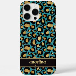 Gold Foil On Teal Leopard Print Monogrammed iPhone 16 Pro Max Hülle