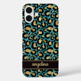 Gold Foil On Teal Leopard Print Monogrammed iPhone 16 Plus Hülle