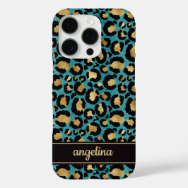 Gold Foil On Teal Leopard Print Monogrammed iPhone 16 Pro Hülle