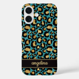 Gold Foil On Teal Leopard Print Monogrammed iPhone 16 Hülle