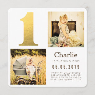 Gold Foil One 1. Geburtstag Foto Cards Einladung