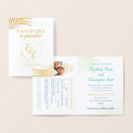 Gold Foil Passport Tropical Wedding Einladung