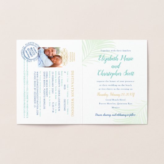 Gold Foil Passport Tropical Wedding Einladung (Innenseite)