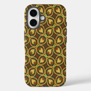 Gold Foil Peacock Feathers Red Green iPhone 16 Hülle