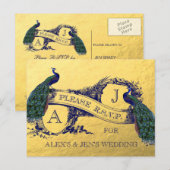 Gold Foil Peacock Wedding RSVP Postcard 2 Einladungspostkarte (Vorne/Hinten)
