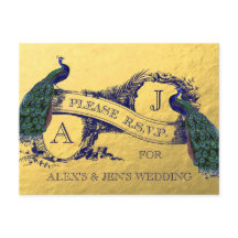 Gold Foil Peacock Wedding RSVP Postcard