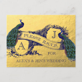 Gold Foil Peacock Wedding RSVP Postcard Einladungspostkarte