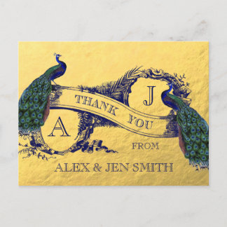 Gold Foil Peacock Wedding Vielen Dank Postcard Postkarte