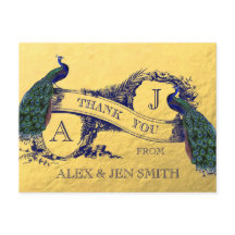 Gold Foil Peacock Wedding Vielen Dank Postcard