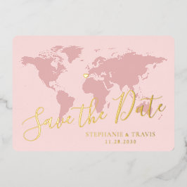 Gold Foil Pink World Map Zielort Save the Date Folieneinladung