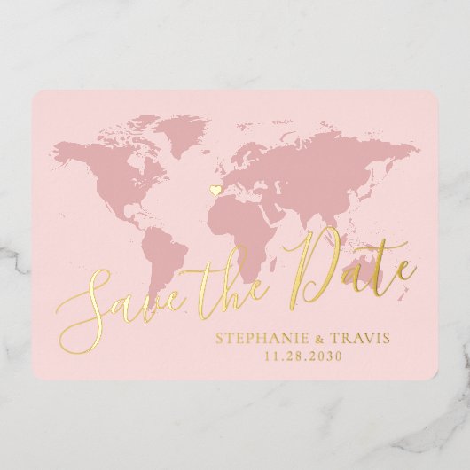 Gold Foil Pink World Map Zielort Save the Date Folieneinladung (Vorderseite)
