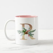 Gold Foil R Monogram Pine & Berry Christmas